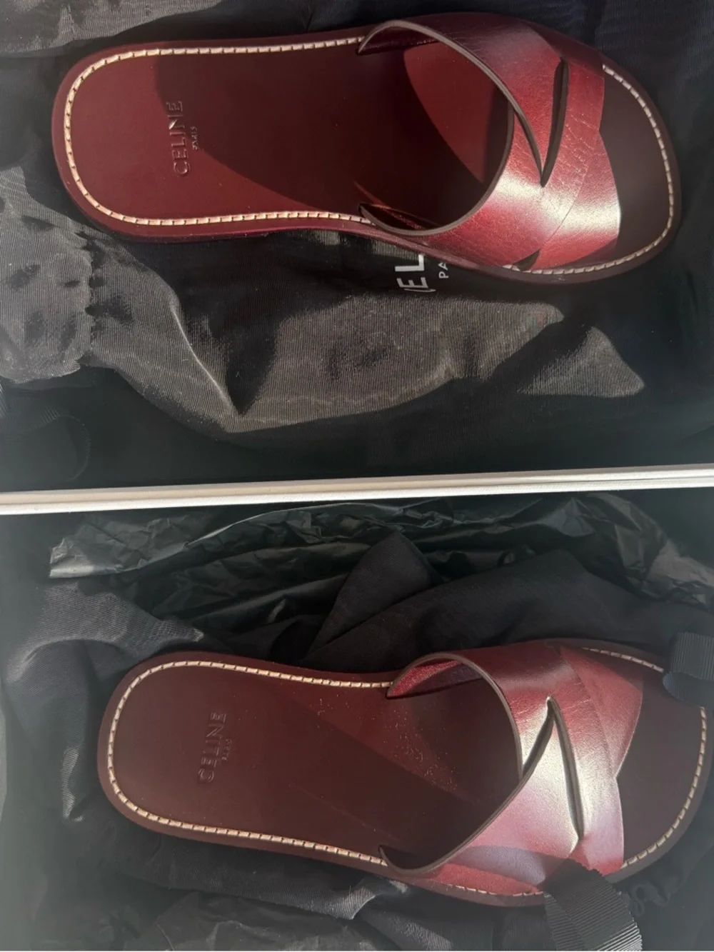 Celine Burgundy Leather Cross-Strap Slides - Picture 6 of 9